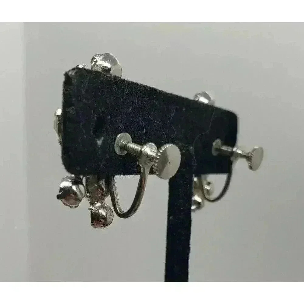 Vintage Earrings Clear Rhinestone Clip Clear Half Flower Star Bride Statement - Picture 7 of 10